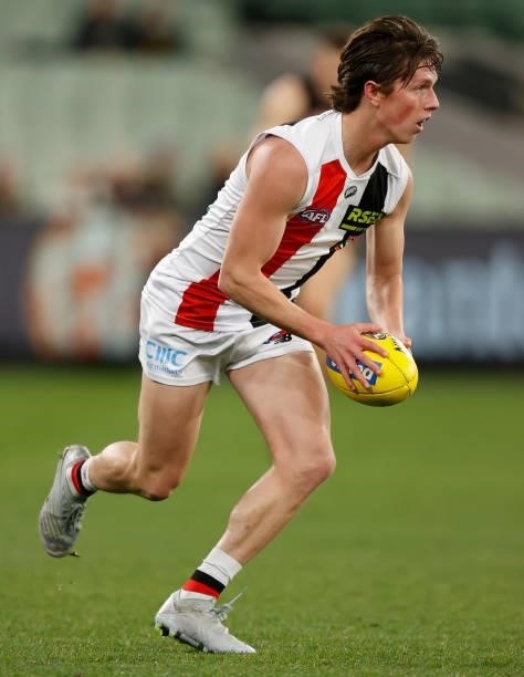 Debutant, Leo Connolly of the Saints in action during the 2021 AFL Round 15 match between the Richmond Tigers and the St Kilda Saints at the...