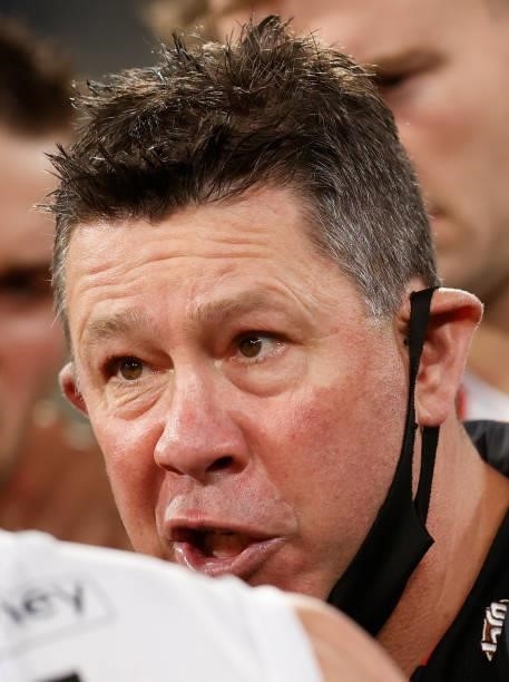Brett Ratten, Senior Coach of the Saints looks on during the 2021 AFL Round 15 match between the Richmond Tigers and the St Kilda Saints at the...