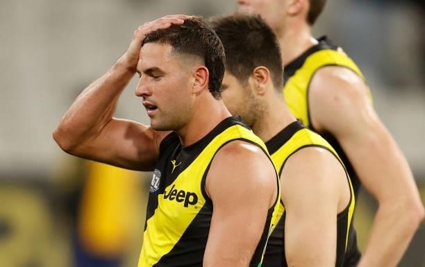 Jack Graham of the Tigers looks dejected after a loss during the 2021 AFL Round 15 match between the Richmond Tigers and the St Kilda Saints at the...