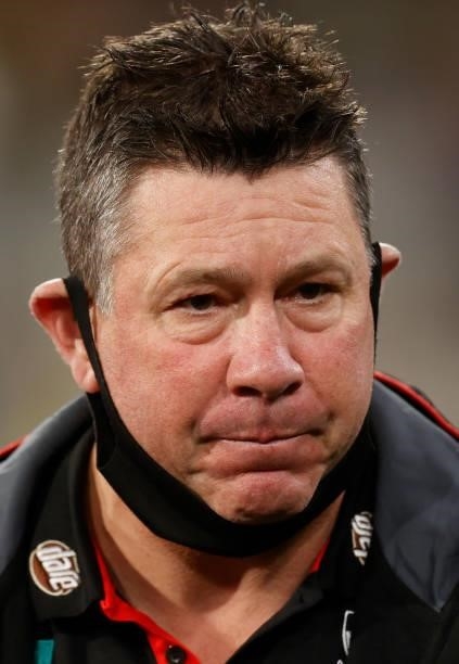Brett Ratten, Senior Coach of the Saints looks on during the 2021 AFL Round 15 match between the Richmond Tigers and the St Kilda Saints at the...