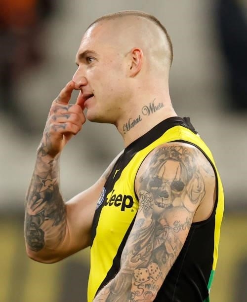 Dustin Martin of the Tigers looks dejected after a loss during the 2021 AFL Round 15 match between the Richmond Tigers and the St Kilda Saints at the...