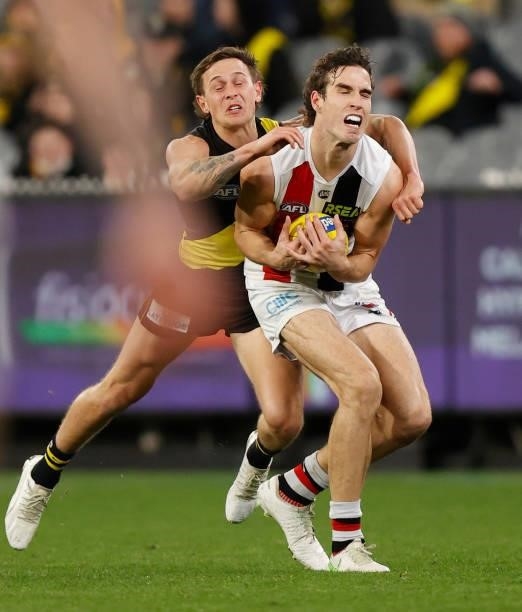 Max King of the Saints and Rhyan Mansell of the Tigers in action during the 2021 AFL Round 15 match between the Richmond Tigers and the St Kilda...