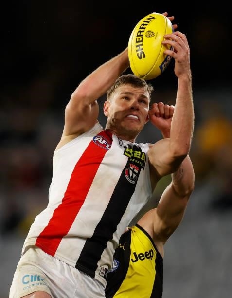 Mason Wood of the Saints marks the ball during the 2021 AFL Round 15 match between the Richmond Tigers and the St Kilda Saints at the Melbourne...