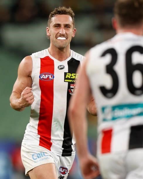 Luke Dunstan of the Saints celebrates during the 2021 AFL Round 15 match between the Richmond Tigers and the St Kilda Saints at the Melbourne Cricket...