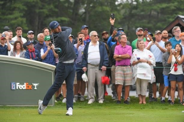 Brooks Koepka tees off on the first hole during the second round of the Travelers Championship at TPC River Highlands on June 25, 2021 in Cromwell,...