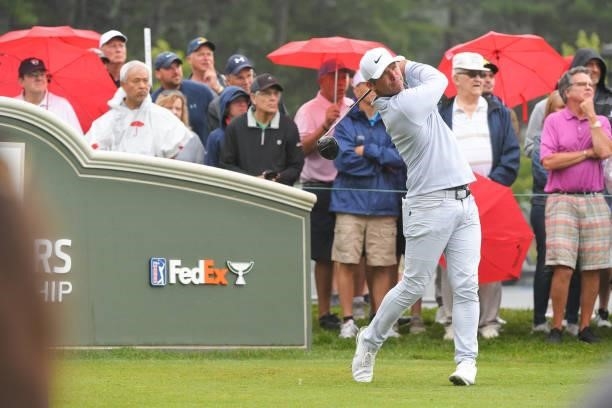 Paul Casey of England tees off on the first hole during the second round of the Travelers Championship at TPC River Highlands on June 25, 2021 in...