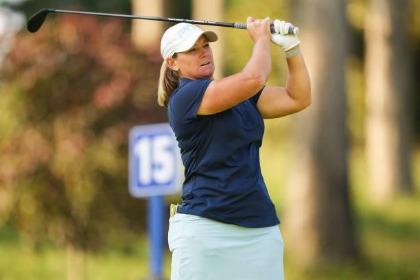 Kristy McPherson hits her tee shot on the 15th hole during the second round for the 2021 KPMG Women's Championship at the Atlanta Athletic Club on...