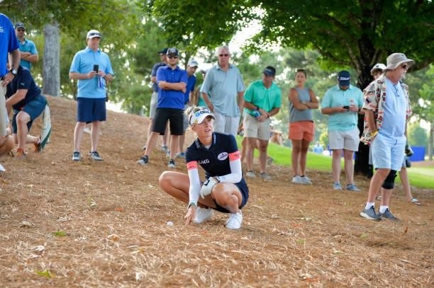 Nelly Korda points to her golf ball on the seventh hole during the second round for the 2021 KPMG Women's Championship at the Atlanta Athletic Club...