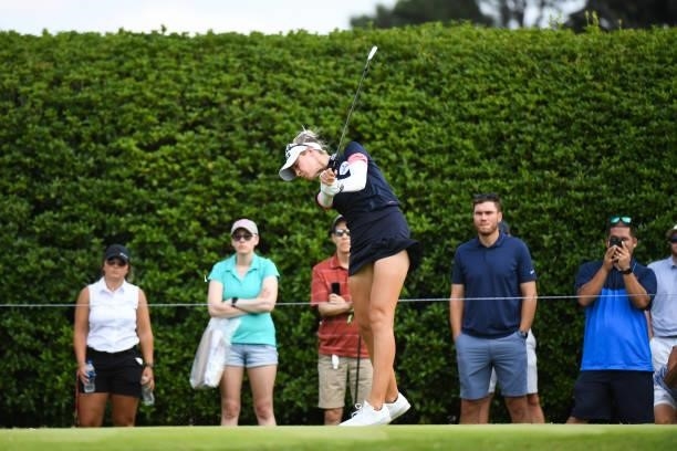 Nelly Korda hits her tee shot on the seventh hole during the second round for the 2021 KPMG Women's Championship at the Atlanta Athletic Club on June...
