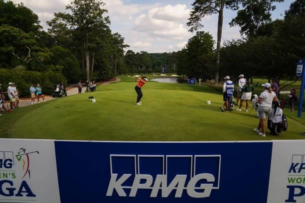 Jenny Coleman walks to the 16th hole during the second round for the 2021 KPMG Women's Championship at the Atlanta Athletic Club on June 25, 2021 in...