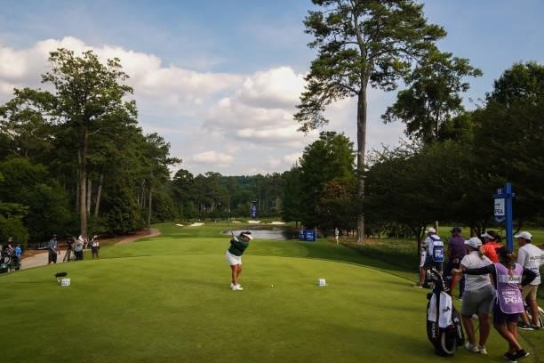 Lizette Salas hits her tee shot on the 15th hole during the second round for the 2021 KPMG Women's Championship at the Atlanta Athletic Club on June...