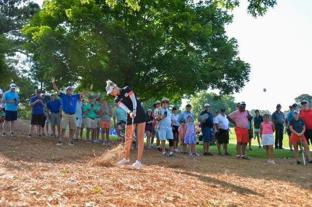 Nelly Korda hits out of the rough on the seventh hole during the second round for the 2021 KPMG Women's Championship at the Atlanta Athletic Club on...