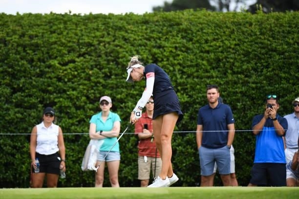 Nelly Korda hits her tee shot on the seventh hole during the second round for the 2021 KPMG Women's Championship at the Atlanta Athletic Club on June...