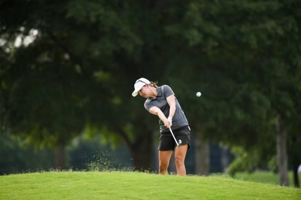 Lindy Duncan chips onto the eighth hole during the second round for the 2021 KPMG Women's Championship at the Atlanta Athletic Club on June 25, 2021...