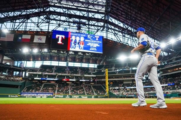Mike Minor of the Kansas City Royals walks towards the bullpen prior to the game against the Texas Rangers at Globe Life Field on June 25, 2021 in...