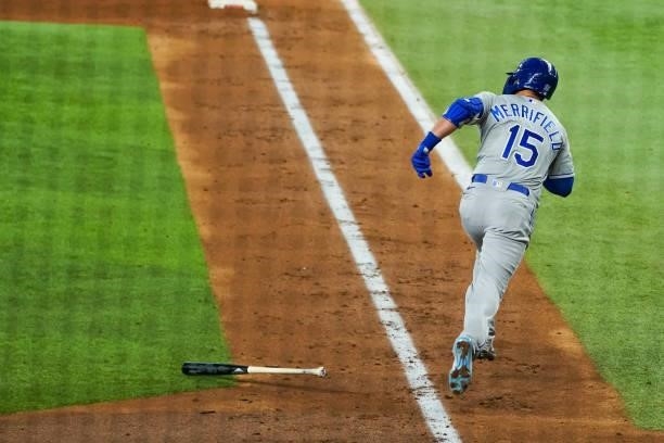 Whit Merrifield of the Kansas City Royals leaves the batters box after hitting a run scoring triple in the top of the 3rd of the game against the...