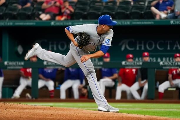 Mike Minor of the Kansas City Royals pitches during the first inning the game against the Texas Rangers at Globe Life Field on June 25, 2021 in...