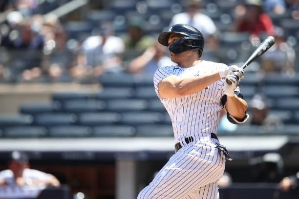 Giancarlo Stanton of the New York Yankees bats during the game between the Kansas City Royals and the New York Yankees at Yankee Stadium on Thursday,...