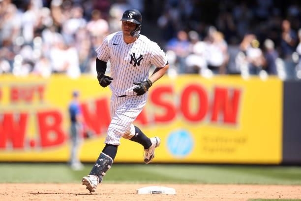 Gary Sánchez of the New York Yankees rounds the bases after hitting a home run during the game between the Kansas City Royals and the New York...