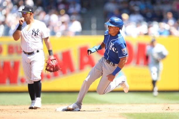 Nicky Lopez of the Kansas City Royals rounds second base during the game between the Kansas City Royals and the New York Yankees at Yankee Stadium on...