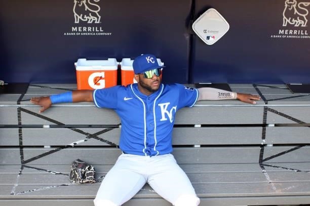 Hanser Alberto of the Kansas City Royals waits in the dugout before the game between the Kansas City Royals and the New York Yankees at Yankee...