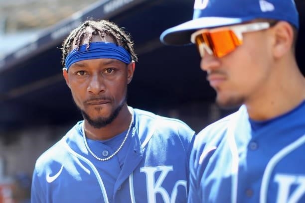Jarrod Dyson of the Kansas City Royals is seen in the dugout during the game between the Kansas City Royals and the New York Yankees at Yankee...