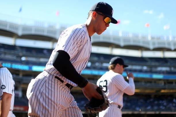 Aaron Judge of the New York Yankees exits the dugout during the game between the Kansas City Royals and the New York Yankees at Yankee Stadium on...