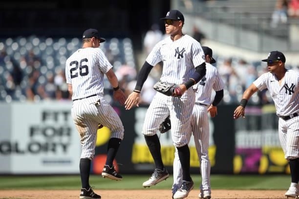 The New York Yankees celebrate after the game between the Kansas City Royals and the New York Yankees at Yankee Stadium on Thursday, June 24, 2021 in...
