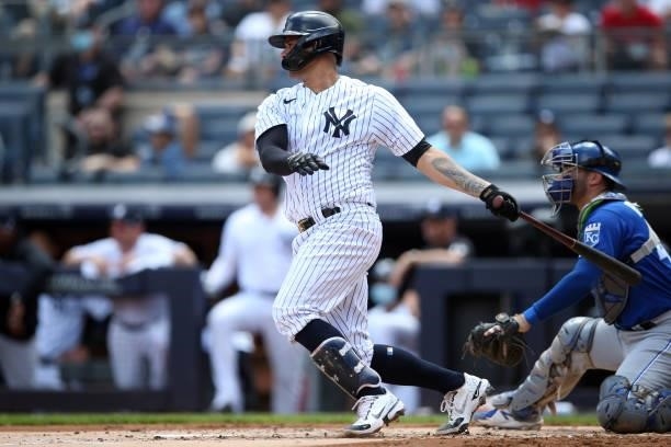 Gary Sánchez of the New York Yankees bats during the game between the Kansas City Royals and the New York Yankees at Yankee Stadium on Thursday, June...