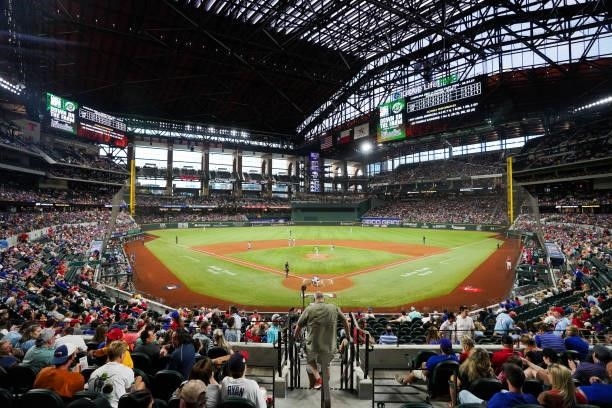 General view of fans in the stands during the game between the Texas Rangers and the Kansas City Royals at Globe Life Field on June 25, 2021 in...
