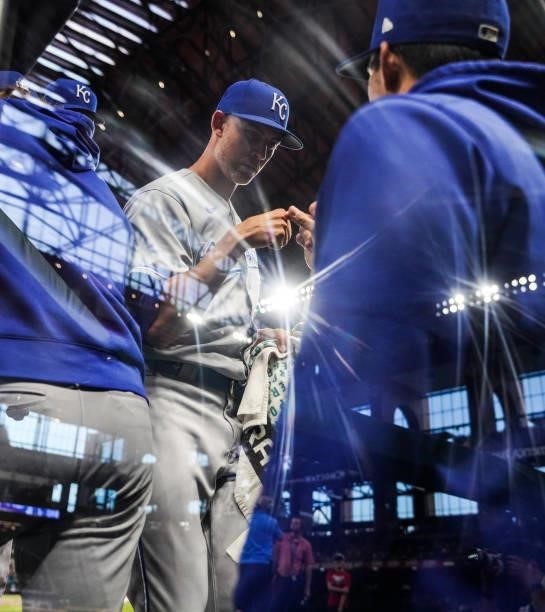 Mike Minor of the Kansas City Royals enters the dugout prior to the start of the game against the Texas Rangers at Globe Life Field on June 25, 2021...