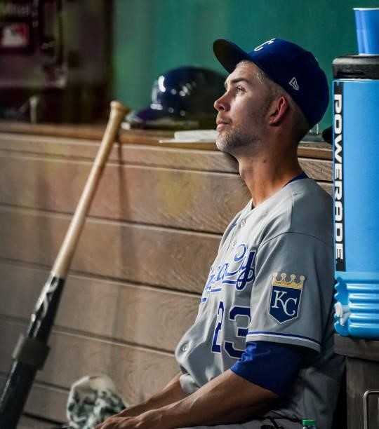 Mike Minor of the Kansas City Royals sits in the dugout after being pulled from the game in the bottom of the 6th inning of the game against the...