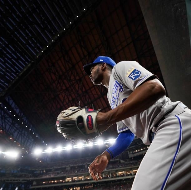 Jorge Soler of the Kansas City Royals leaves the dugout in the 7th inning of he game against the Texas Rangers at Globe Life Field on June 25, 2021...