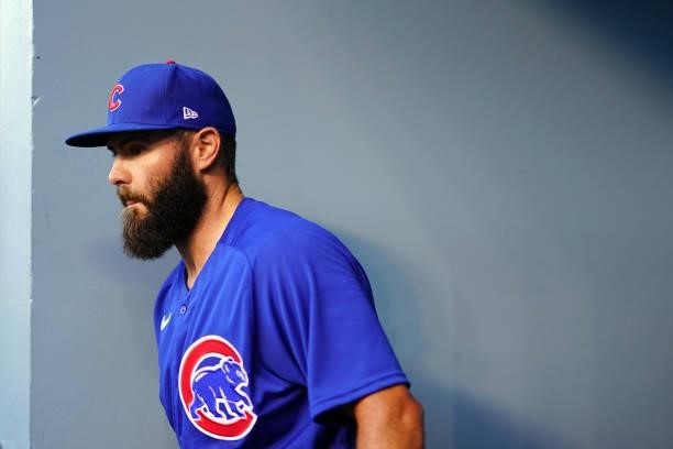 Jake Arrieta of the Chicago Cubs is seen in the dugout before the game between the Chicago Cubs and the Los Angeles Dodgers at Dodgers Stadium on...