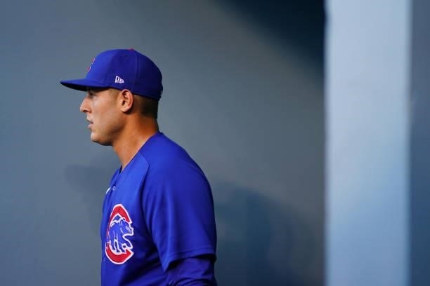 Anthony Rizzo of the Chicago Cubs is seen in the dugout before the game between the Chicago Cubs and the Los Angeles Dodgers at Dodgers Stadium on...
