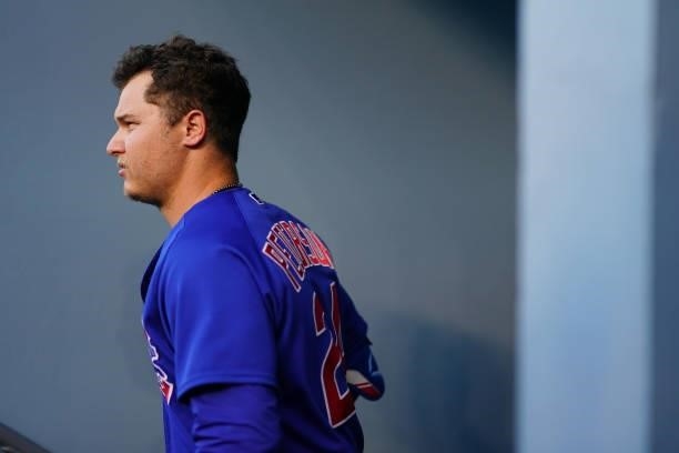 Joc Pederson of the Chicago Cubs is seen in the dugout before the game between the Chicago Cubs and the Los Angeles Dodgers at Dodgers Stadium on...