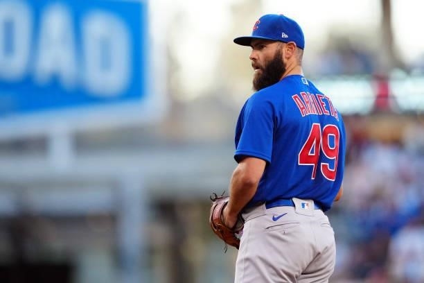 Jake Arrieta of the Chicago Cubs pitches during the game between the Chicago Cubs and the Los Angeles Dodgers at Dodgers Stadium on Friday, June 25,...