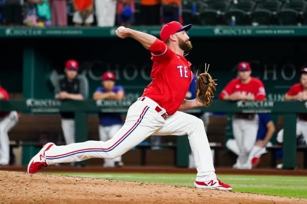Spencer Patton of the Texas Rangers pitches in the top of the 9th inning of the game against the Kansas City Royals at Globe Life Field on June 25,...
