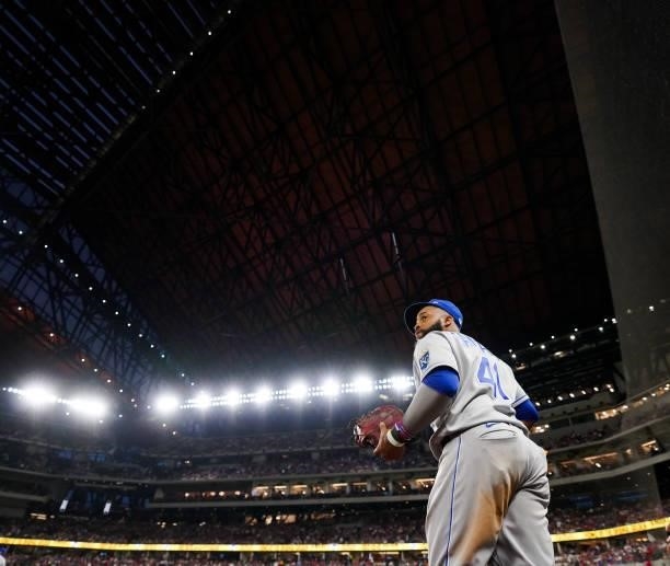 Carlos Santana of the Kansas City Royals leaves the dugout in the 7th inning of the game against the Texas Rangers at Globe Life Field on June 25,...
