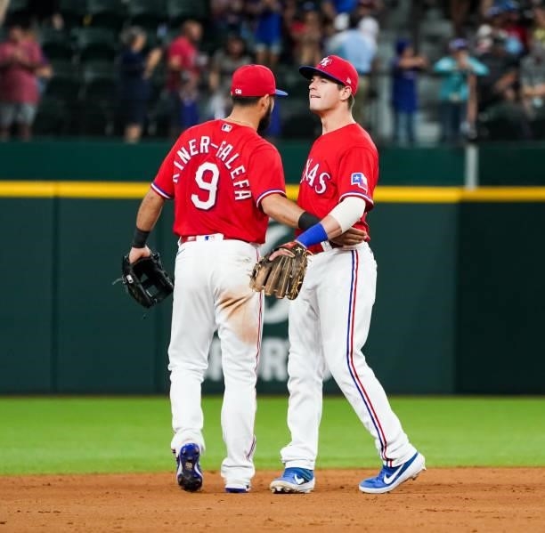 Isiah Kiner-Falefa Nick Solak of the Texas Rangers and Nick Solak of the Texas Rangers celebrate after the final out of the game against the Kansas...