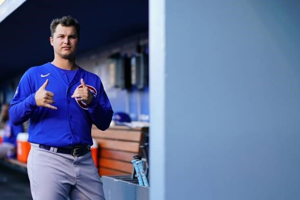 Joc Pederson of the Chicago Cubs is seen in the dugout before the game between the Chicago Cubs and the Los Angeles Dodgers at Dodgers Stadium on...