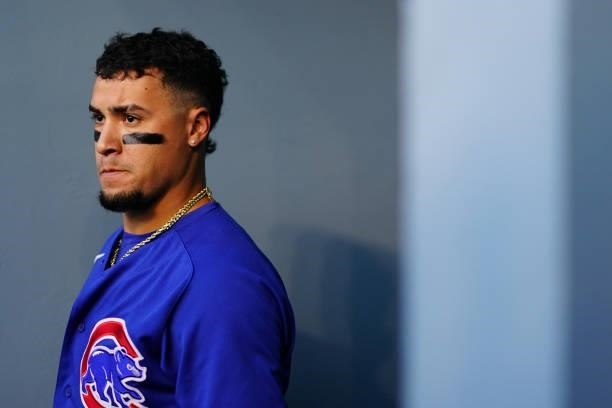 Javier Báez of the Chicago Cubs is seen in the dugout before the game between the Chicago Cubs and the Los Angeles Dodgers at Dodgers Stadium on...