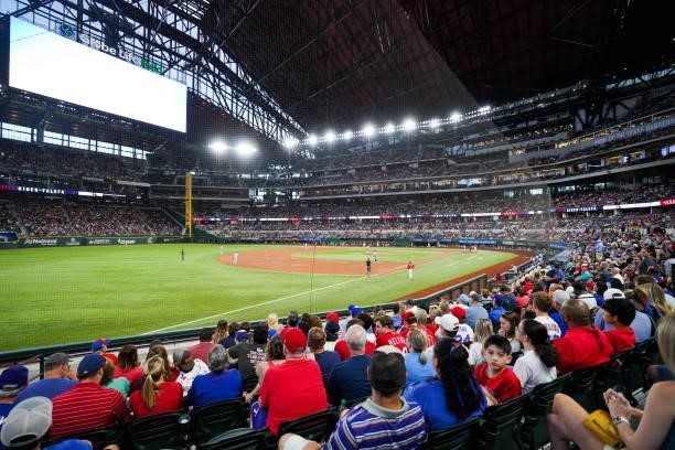 General view of fans in the stands during the game between the Texas Rangers and the Kansas City Royals at Globe Life Field on June 25, 2021 in...