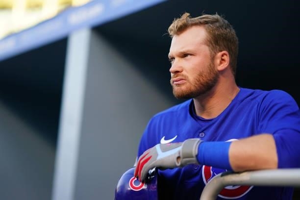 Ian Happ of the Chicago Cubs is seen in the dugout during the game between the Chicago Cubs and the Los Angeles Dodgers at Dodgers Stadium on Friday,...