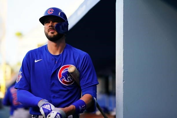 Kris Bryant of the Chicago Cubs gets ready to bat before the game between the Chicago Cubs and the Los Angeles Dodgers at Dodgers Stadium on Friday,...