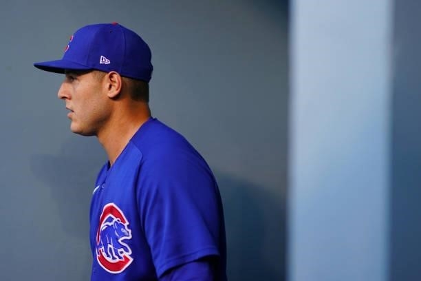 Anthony Rizzo of the Chicago Cubs is seen in the dugout before the game between the Chicago Cubs and the Los Angeles Dodgers at Dodgers Stadium on...