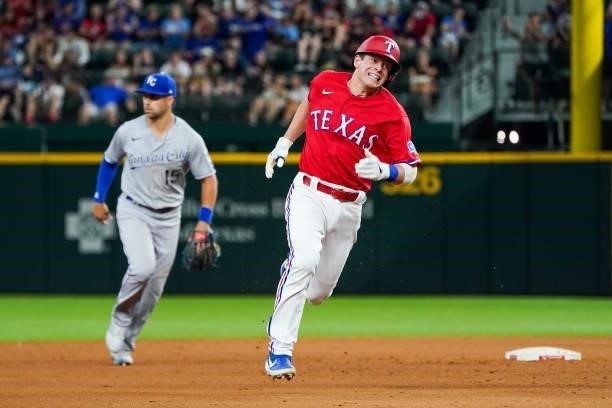 Nick Solak of the Texas Rangers runs to third base during the bottom of the 6th inning during the game against the Kansas City Royals at Globe Life...