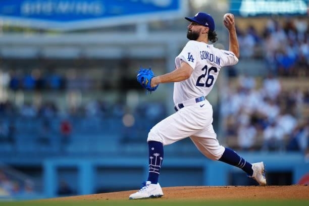 Tony Gonsolin of the Los Angeles Dodgers pitches during the game between the Chicago Cubs and the Los Angeles Dodgers at Dodgers Stadium on Friday,...