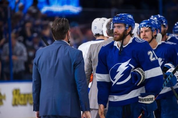 Brayden Point of the Tampa Bay Lightning shakes hands with the New York Islanders after the series win in Game Seven of the Stanley Cup Semifinals of...