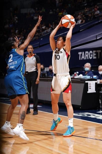 Kelsey Plum of the Las Vegas Aces looks to pass the ball against the Minnesota Lynx on June 25, 2021 at Target Center in Minneapolis, Minnesota. NOTE...